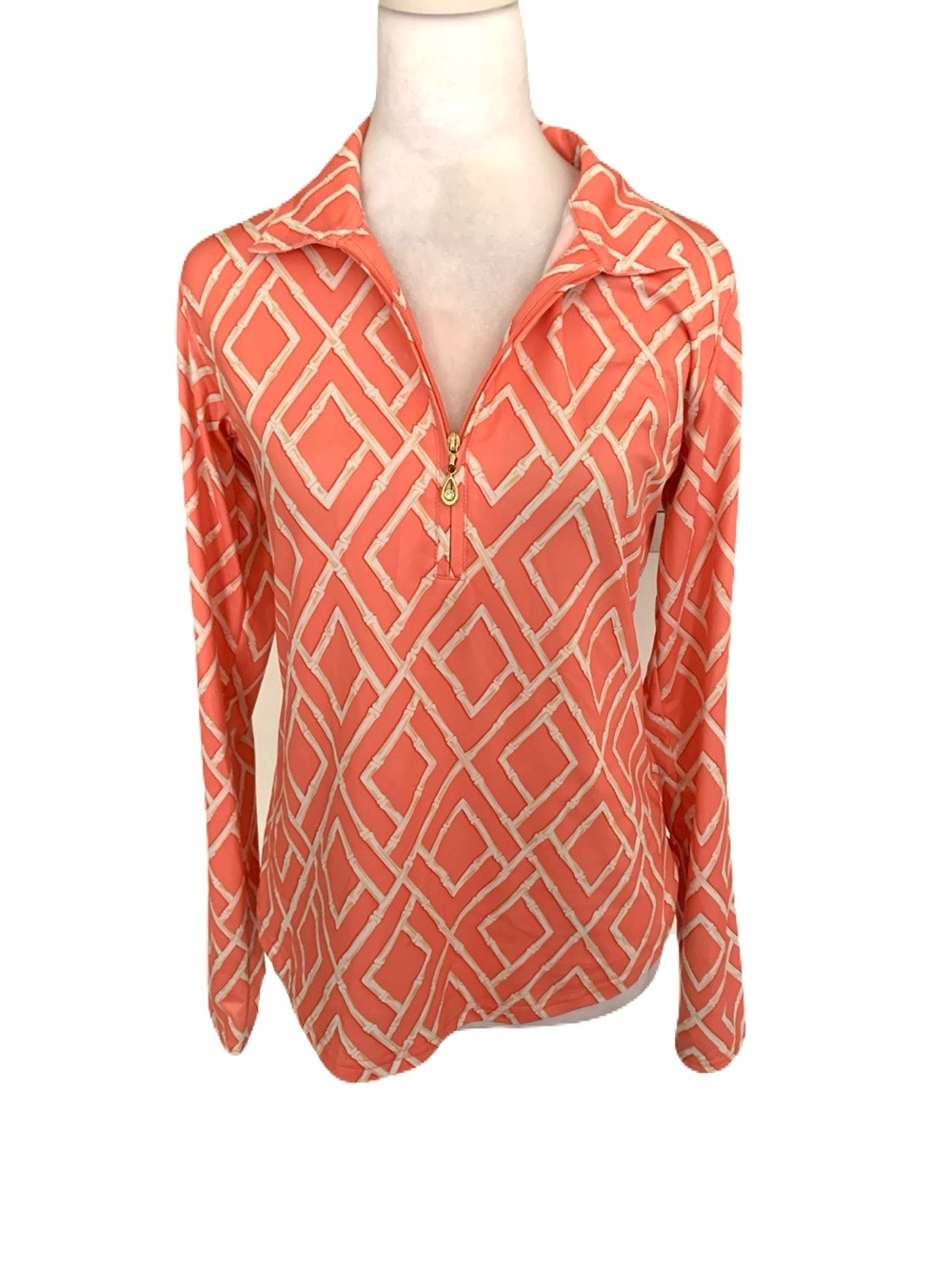 San Soleil XS Coral Bamboo Print Quarter Zip-Front Long Sleeve UPF50 Shirt